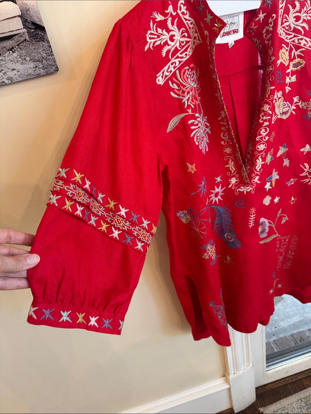 Johnny Was Red Embroidered V-Neck Tunic with Multicolor Motifs -L - Picture 3 of 6